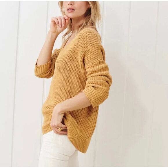 Jenni Kayne Organic Cotton Cabin V-Neck Relaxed Sweater Mustard REPAIRED - XL - Picture 12 of 16